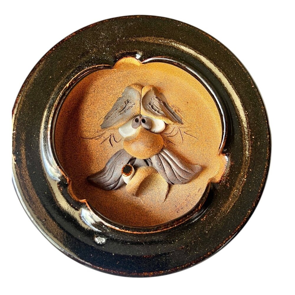 Mahon Handcrafted Ceramic Ashtray With Carved Face Art & Glossy Black Rim Gift